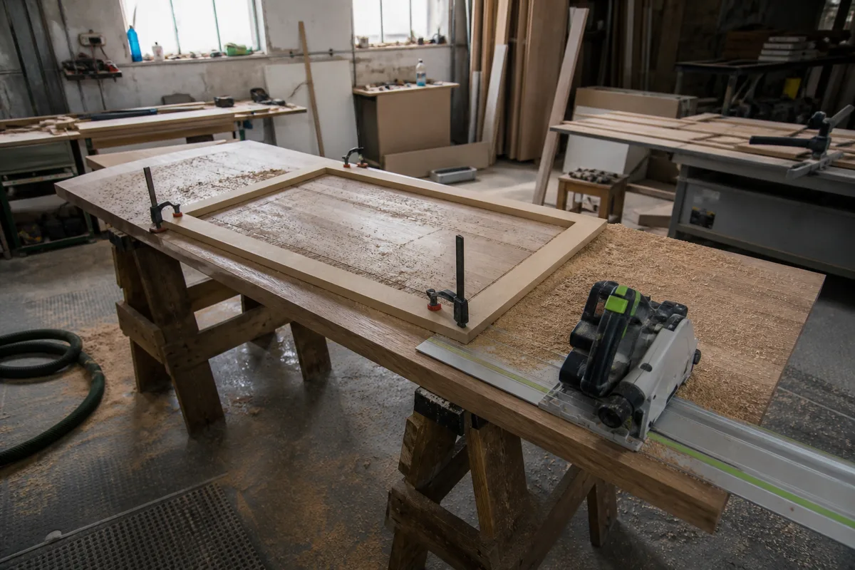 Découpe de plan de travail en cours dans un atelier de menuiserie, gabarit et copeaux visibles