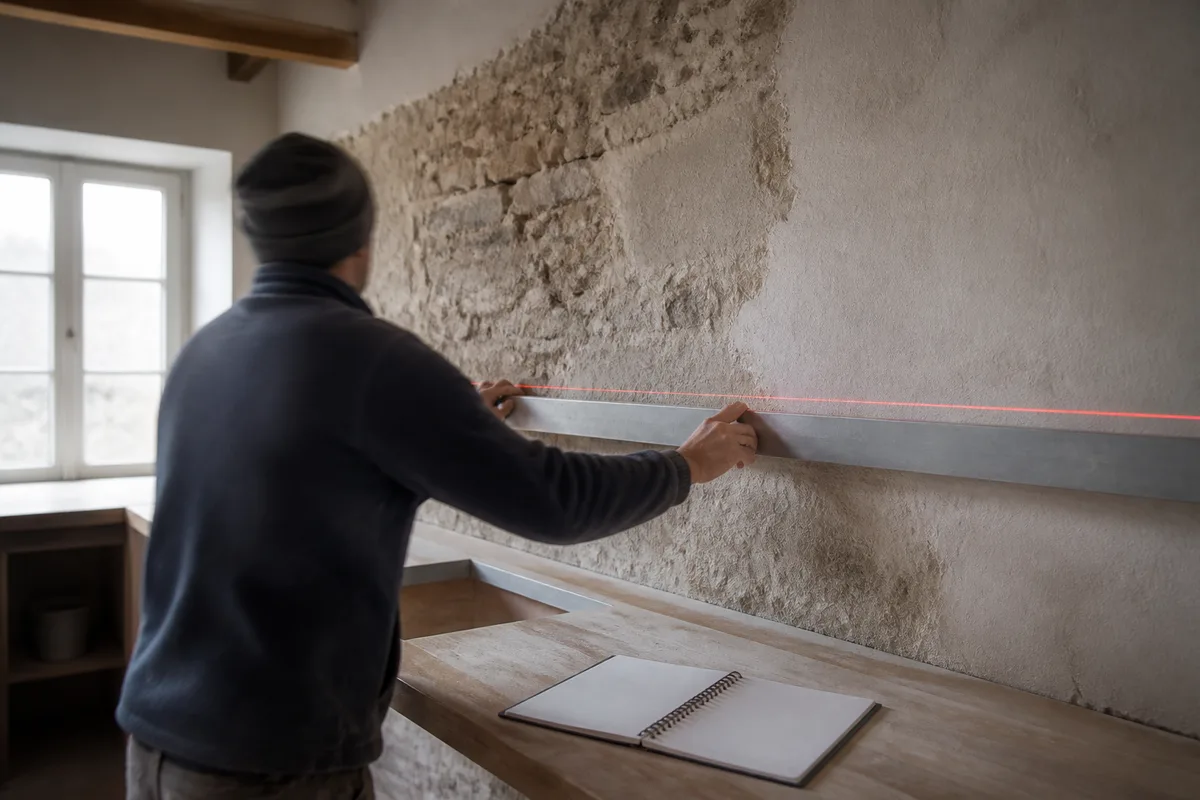 Menuisier relevant les cotes d&rsquo;un mur ancien à la règle et au niveau laser dans une cuisine en rénovation