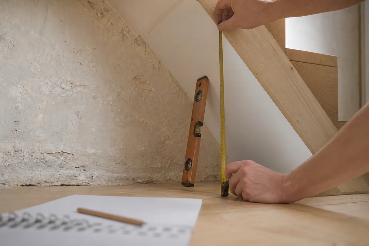 Dessous d&rsquo;escalier droit en chêne clair aménagé en tiroirs et niches dans une maison vendéenne