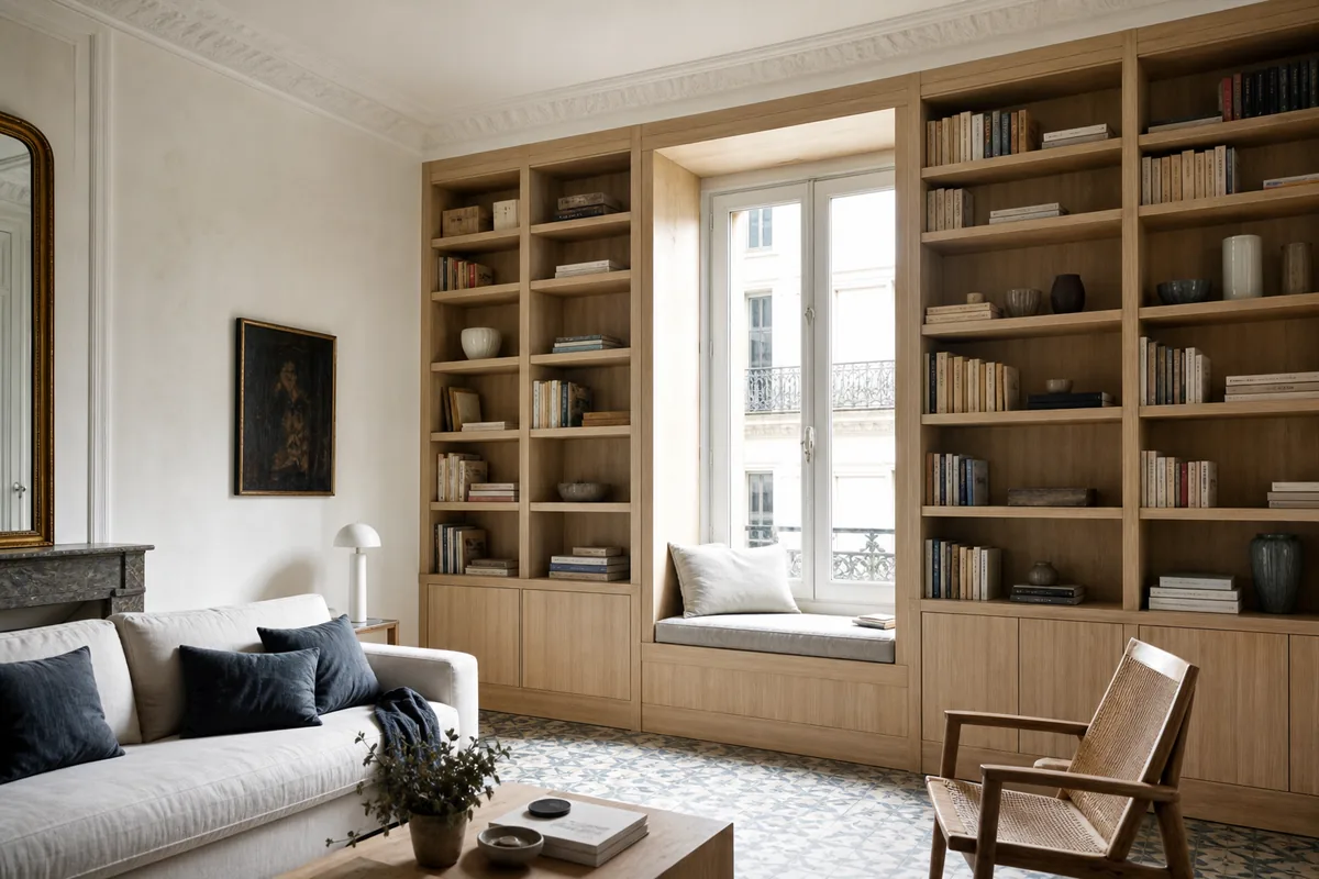 Bibliothèque sur mesure en bois clair montant jusqu’au plafond dans un salon lumineux
