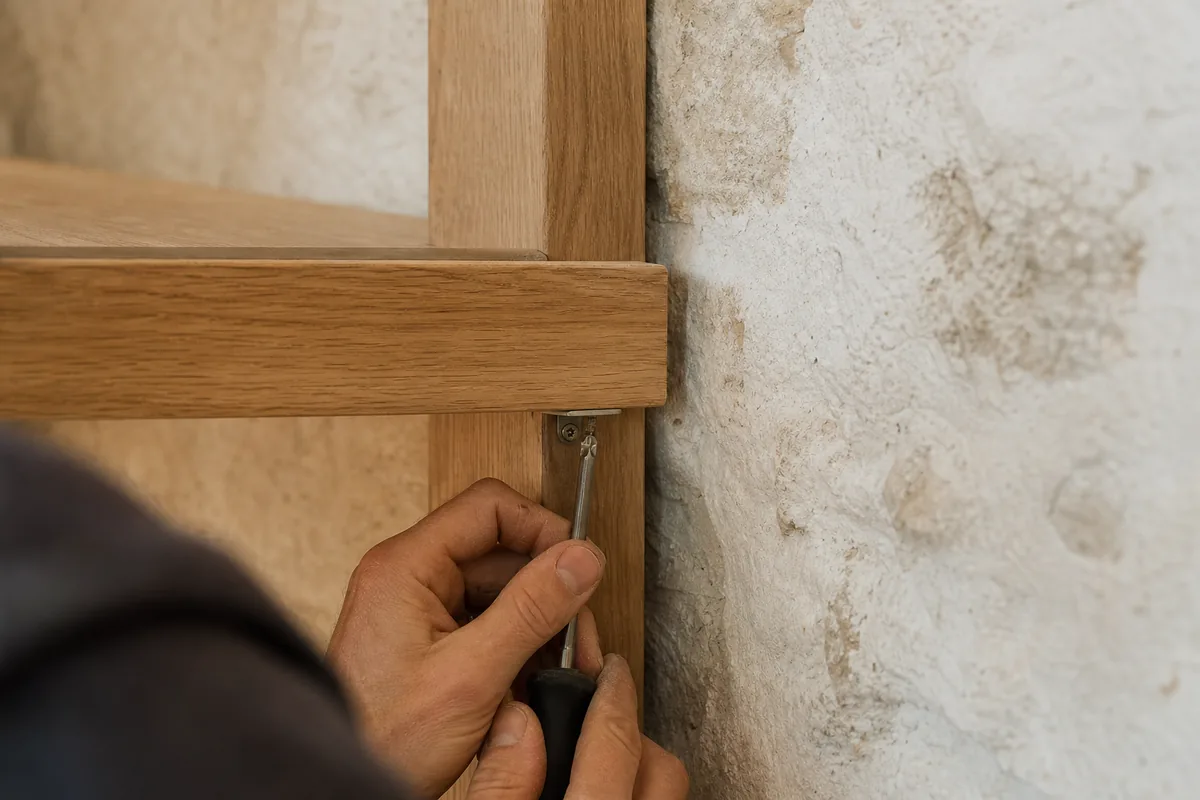 Détail d&rsquo;une tablette en chêne clair et de sa fixation sur un mur en moellon enduit à la chaux