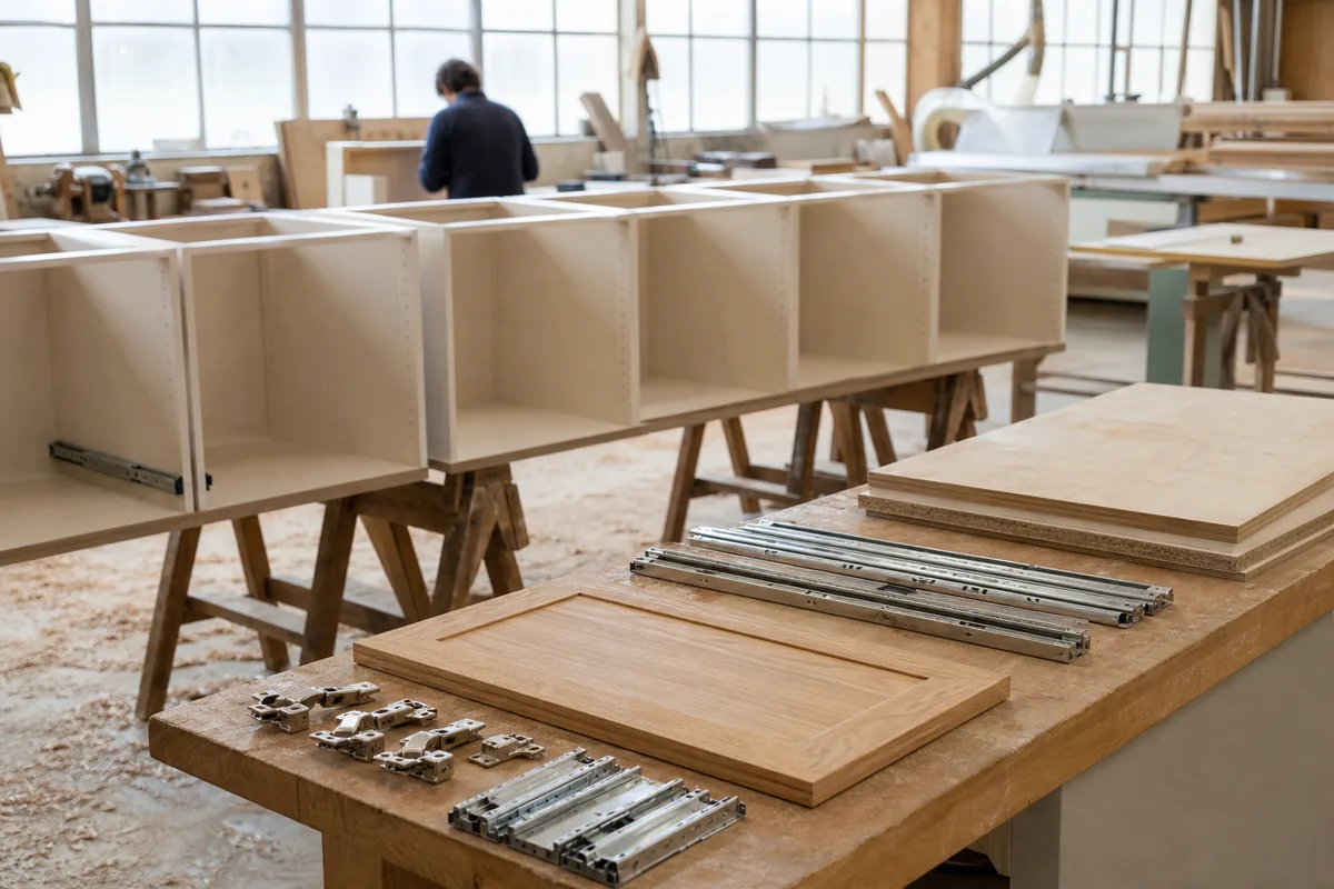 Caissons de cuisine en cours d&rsquo;assemblage dans un atelier de menuiserie, lumière du jour