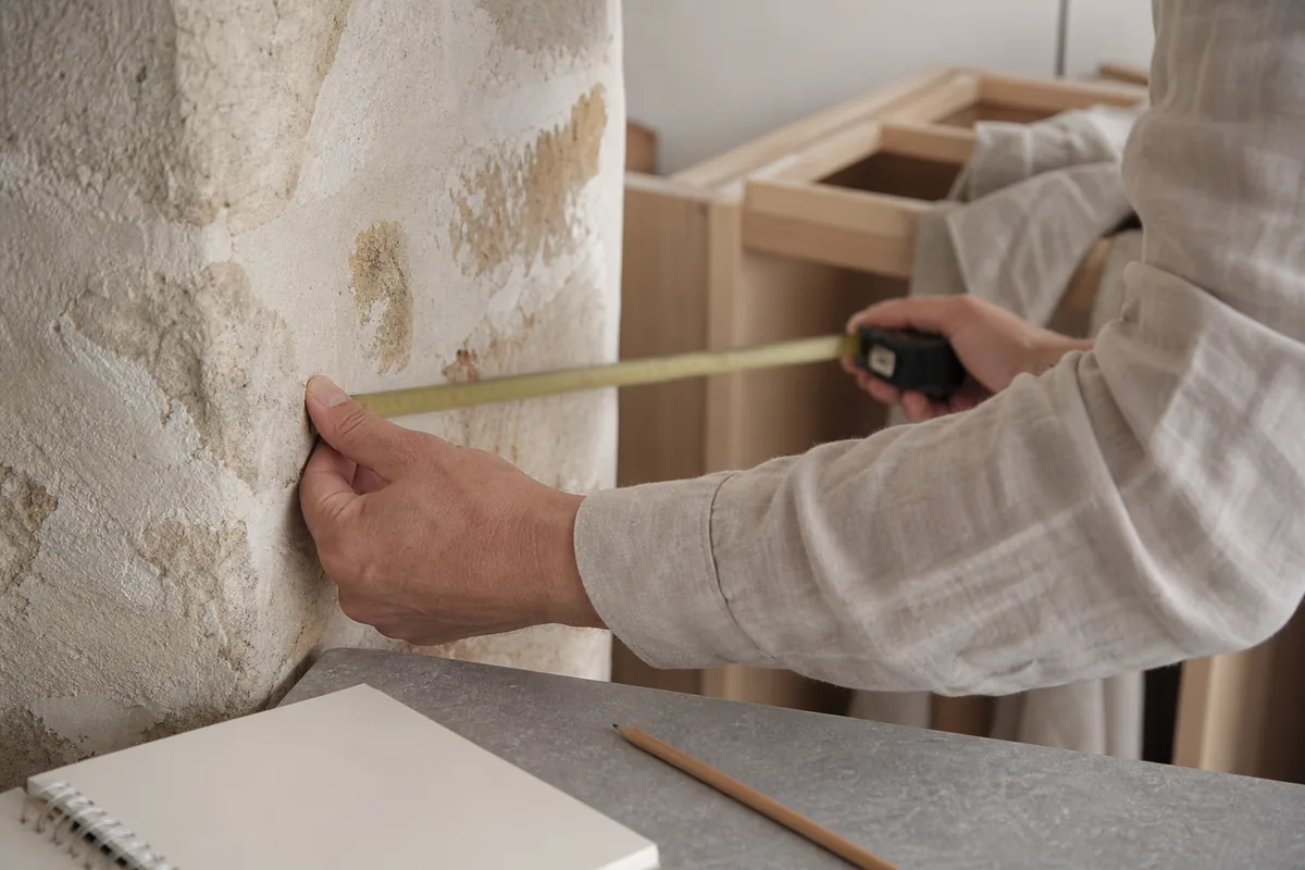 Mains d&rsquo;artisan relevant les cotes d&rsquo;un mur ancien avant la fabrication des meubles de cuisine