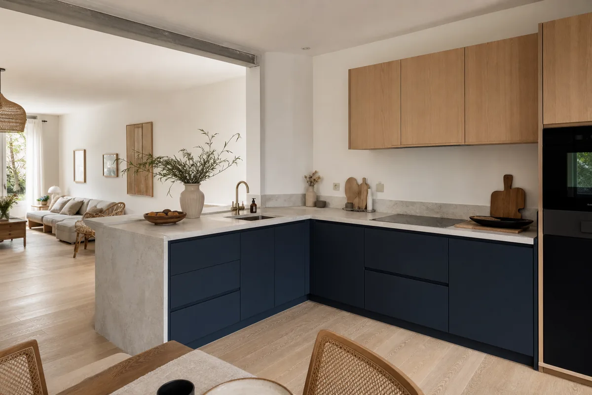 Cuisine en L ouverte sur une salle à manger dans une maison de ville rénovée