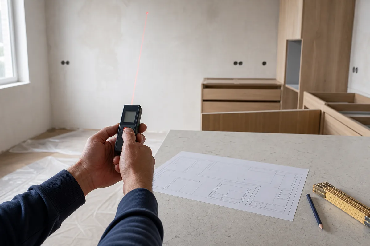 Relevé de cotes au mètre laser dans une cuisine en cours de rénovation, plan posé sur le plan de travail