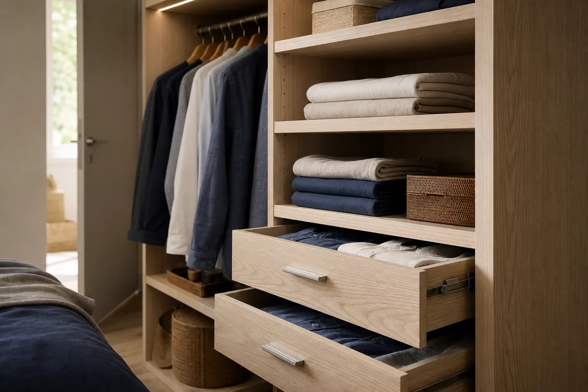 Dressing sur mesure en frêne clair installé dans un ancien débarras, tringle et tiroirs éclairés par une réglette LED