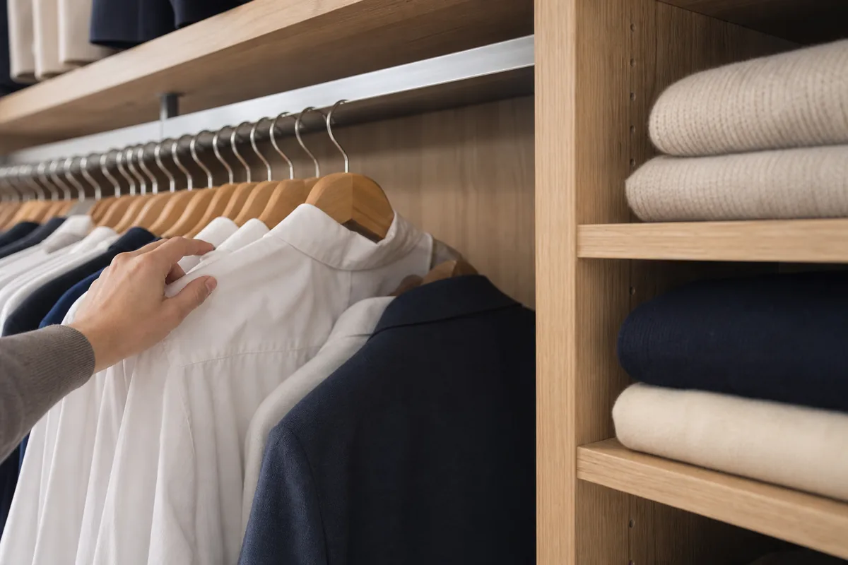 Dressing sur mesure en chêne clair aménagé dans une petite chambre lumineuse de villa balnéaire