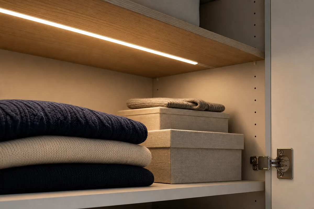 Détail d&rsquo;un bandeau LED éclairant les étagères en bois clair d&rsquo;un dressing sans fenêtre