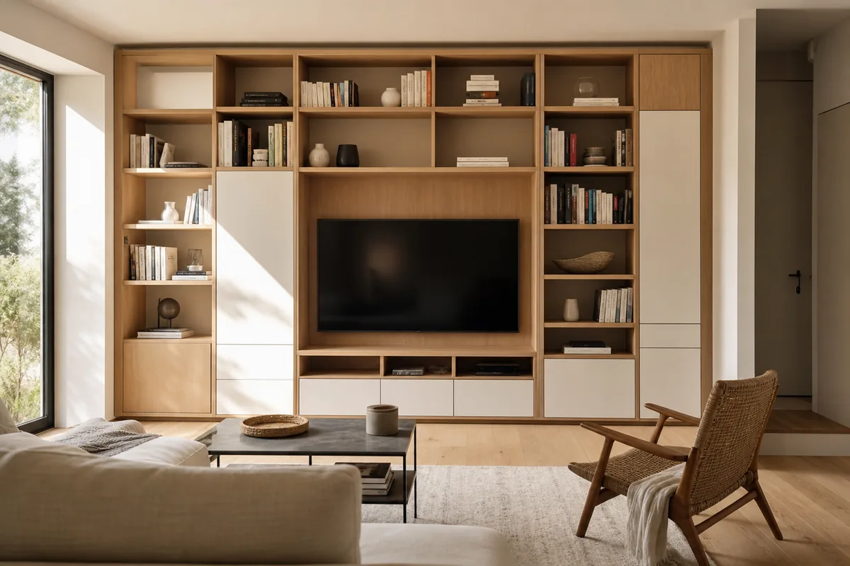 Bibliothèque murale toute hauteur intégrant un meuble TV dans un séjour de maison vendéenne