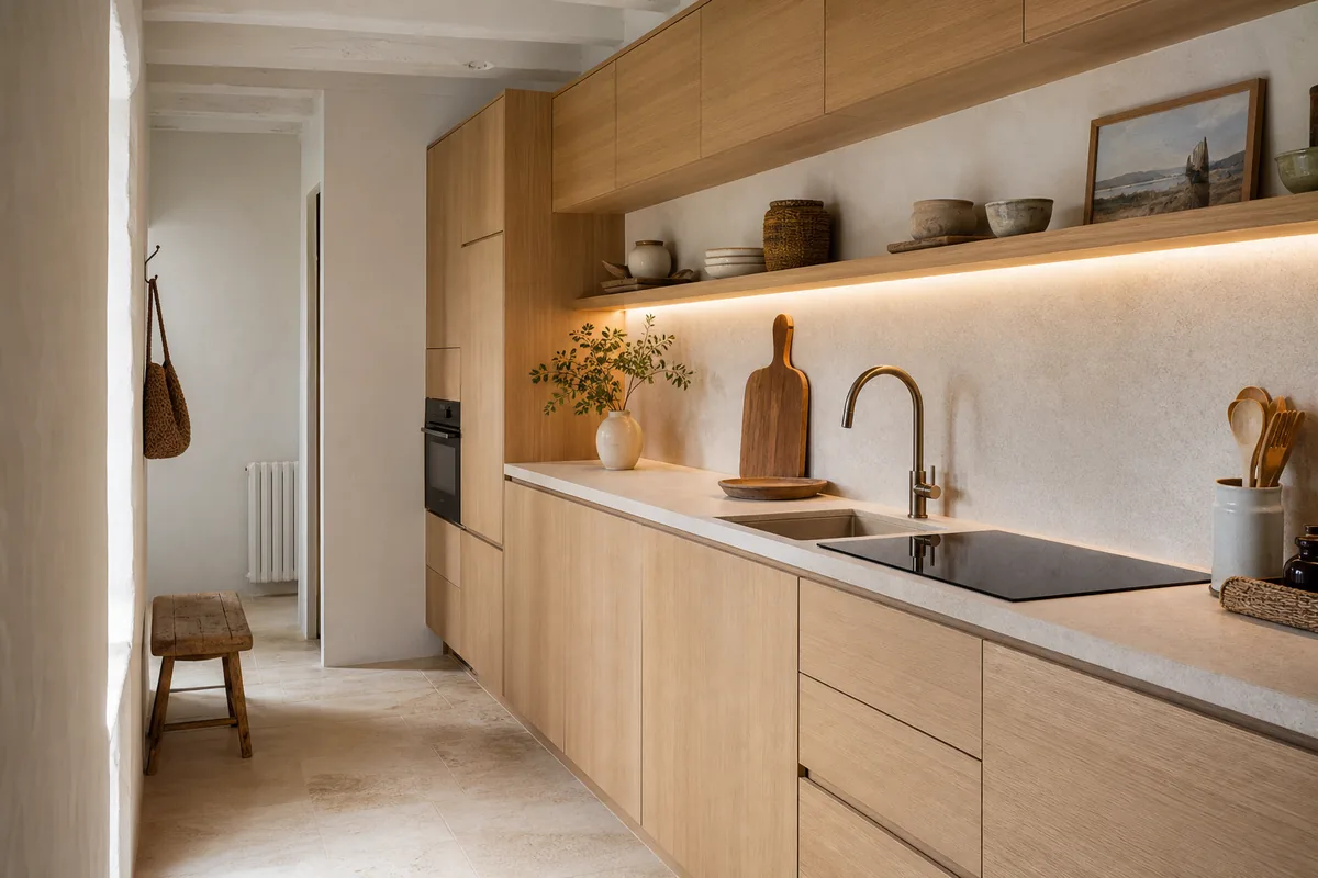 Cuisine linéaire en bois clair adossée à un seul mur dans une pièce étroite de maison de bourg vendéenne