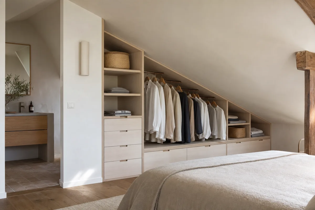Dressing sur mesure aménagé sous un rampant de combles avec penderie basse et tiroirs