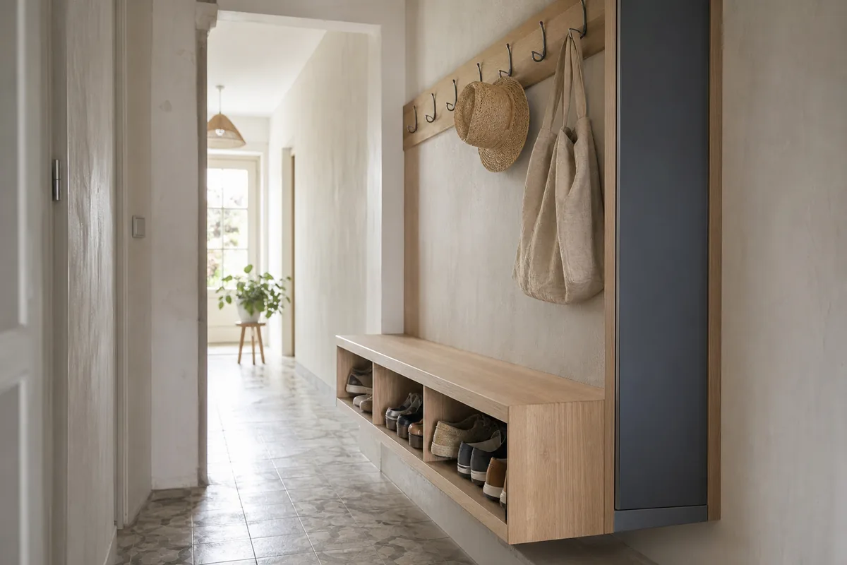 Meuble d&rsquo;entrée sur mesure en chêne clair avec assise et rangement à chaussures ventilé
