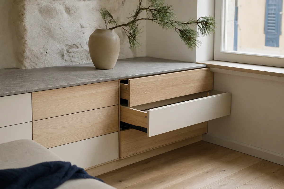 Buffet bas sur mesure en frêne clair calé sous un appui de fenêtre dans une pièce de vie lumineuse