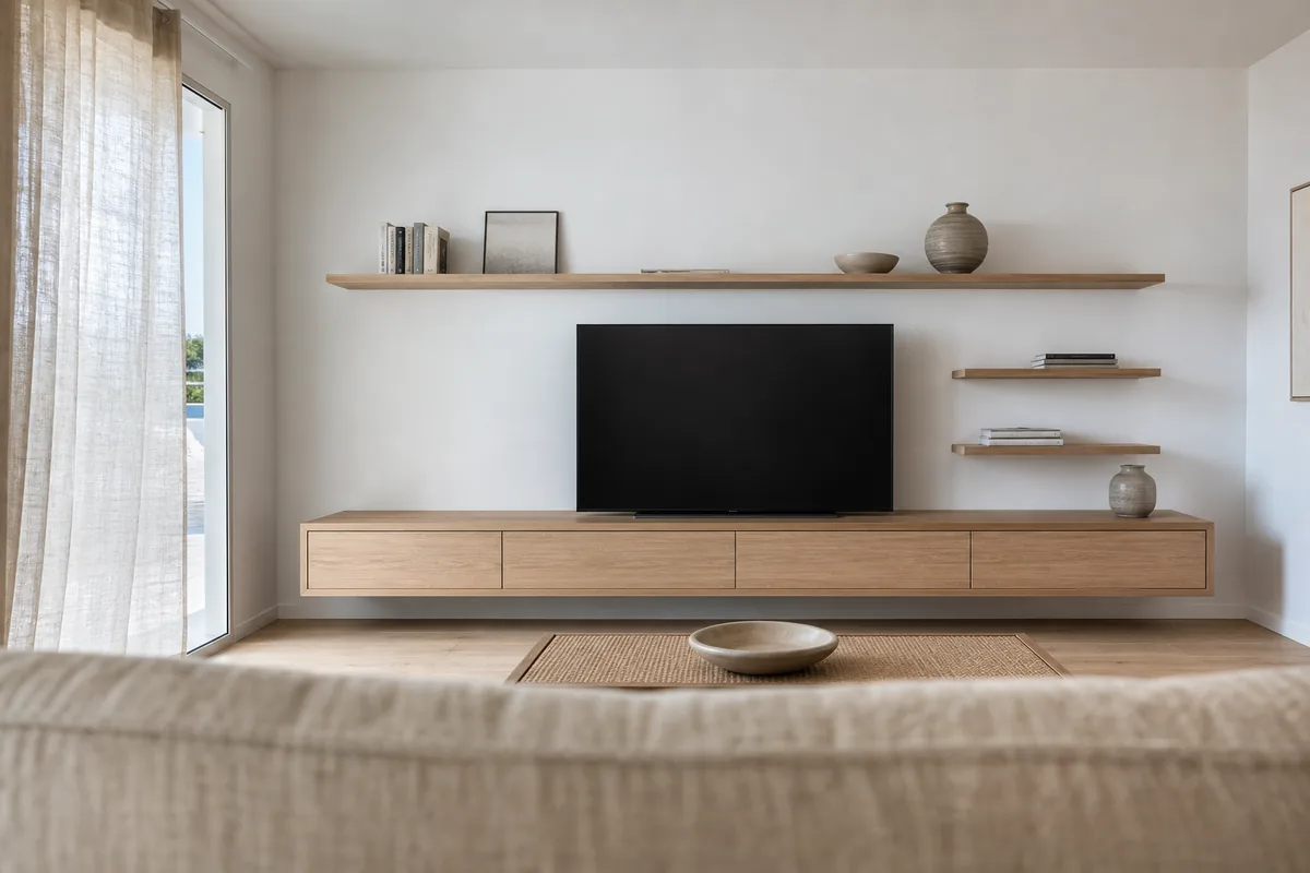 Aménagement TV mural en chêne clair dans un séjour lumineux, canapé vu de dos au premier plan