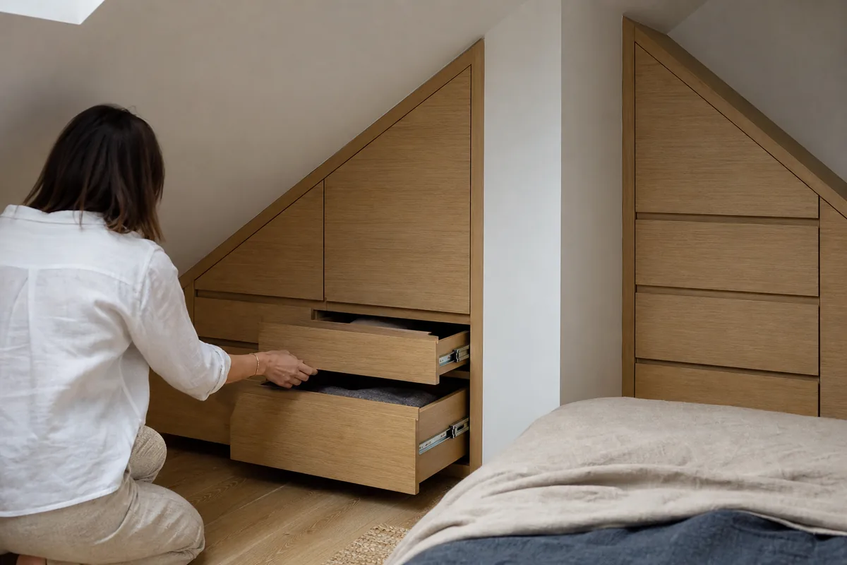 Placard sur mesure toute hauteur en chêne clair installé dans une chambre aux murs blancs