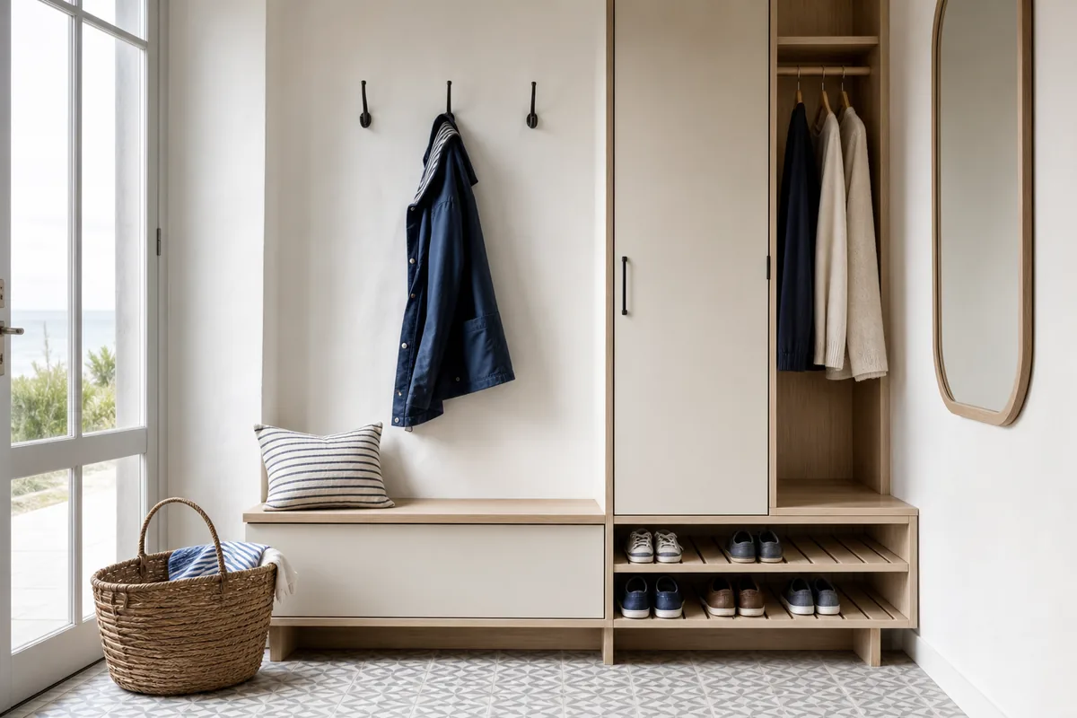 Ensemble d&rsquo;entrée sur mesure avec banc, patères et rangement à chaussures ventilé