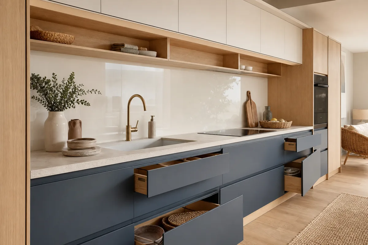 Cuisine sur mesure en chêne clair et façades bleu ardoise dans une maison vendéenne