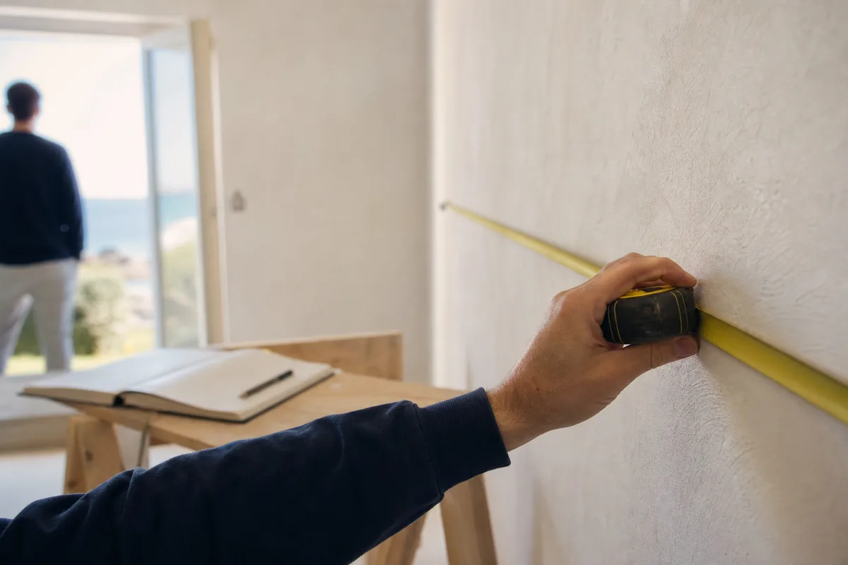 Menuisier relevant les cotes d&rsquo;un mur dans une pièce lumineuse aux murs blancs à la chaux